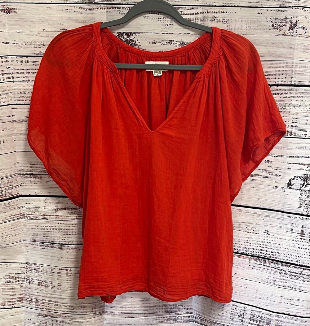 Velvet Graham Spencer Double Gauze Flutter Top Rosy Coral Orange Boho Cotton S